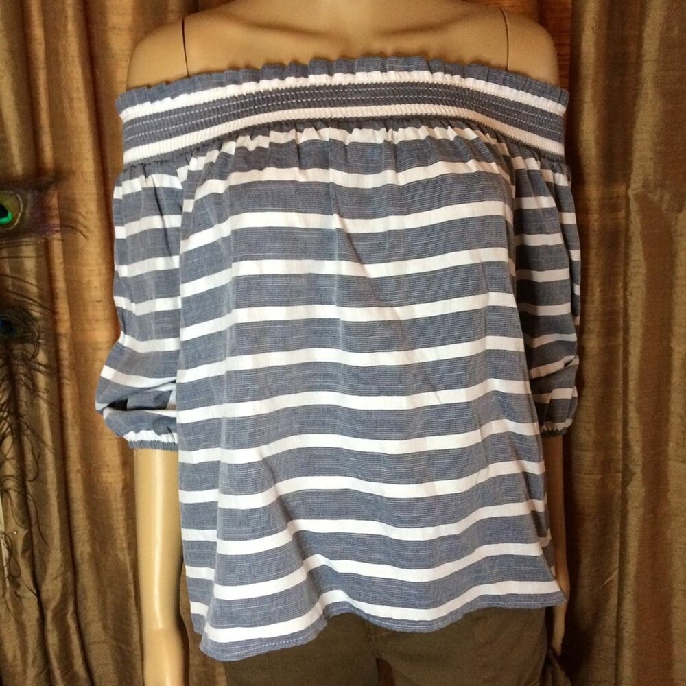 Donna Degnan Women's Off the Shoulder 3/4 Length Blue/White Sleeve Striped Top-4